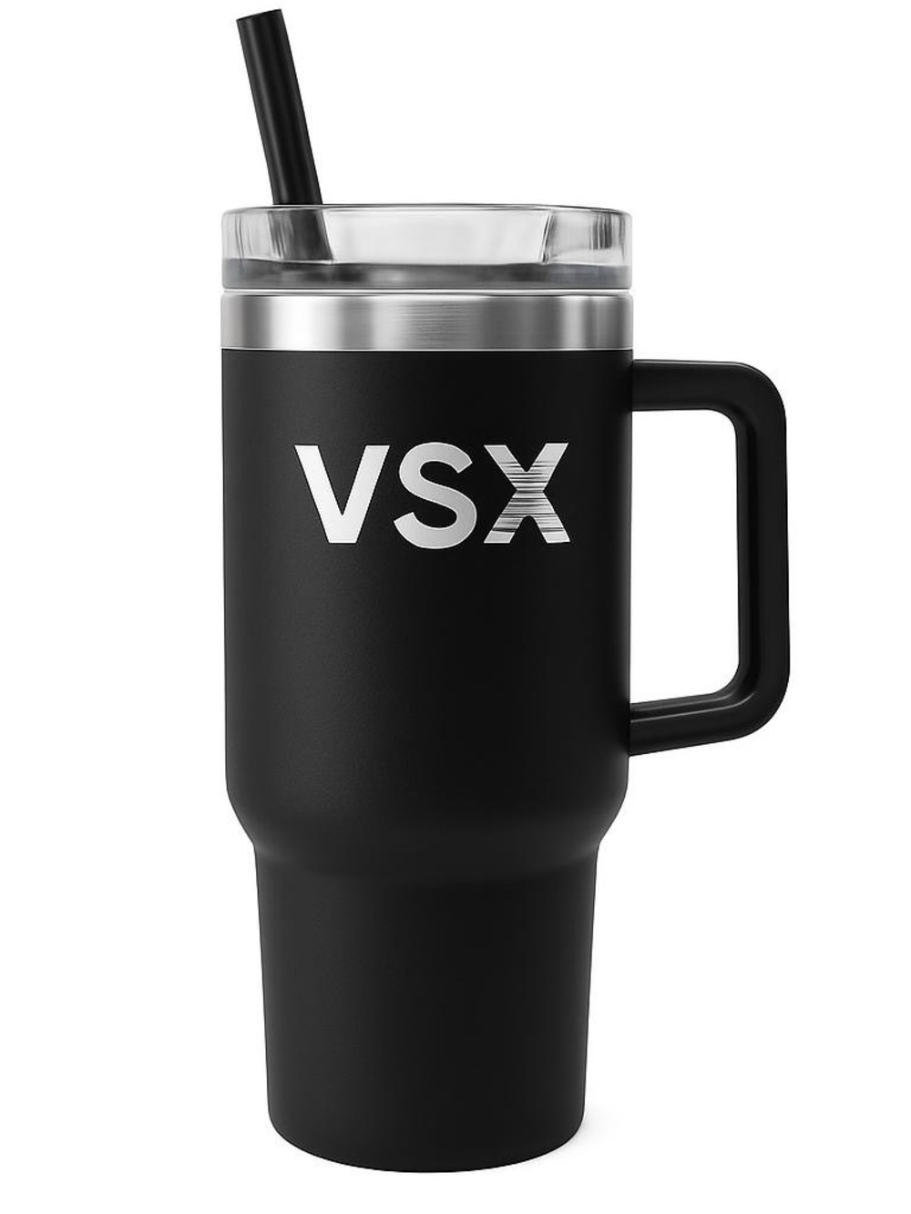 VSX Matte Black Travel Tumbler with Handle and Clear Lid